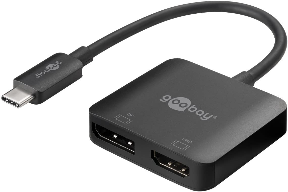 goobay 60172 USB C Adapter Multiport Verteiler 2 Port UHD 4K @ 60 Hz/Buchse HDMI DisplayPort Adapter DP / 18 Gbits USB Hub/Mehrfachstecker 2 Monitore gleichzeitig/Schwarz