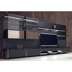 Casa Padrino Luxus TV Schrank Matt Schwarz / Schwarz / Kupfer 452 x 47 x H. 202 cm - Wohnzimmer Schrank mit LED Beleuchtung - Wohnzimmer Möbel - Hotel Möbel - Luxus Möbel