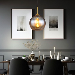Pendellampe Hängelampe Esstischleuchte Glaskugel amber Wohnzimmerlampe messing, 1x E27, DxH 25×120 cm