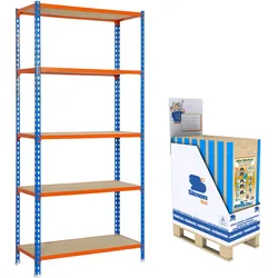 SimonRack Minipromobox mit 9 Einheiten von Maderclick Metallregalen ohne Schrauben. 5 Ebene. Farbe: blau/orange/Holz. Abmessungen: 2000x1200x500 mm