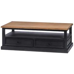 Schwarz Teakfarbener Sofa Tisch mit vier Schubladen Vintage Look