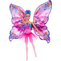 Mattel Barbie Tanz und Flatter Puppe mit 2-in-1-Verwandlung von der Tänzerin zum Schmetterling mit sich öffnenden Flügeln, violetten Haaren, Haarschmuck und abnehmbarem Tutu, HXJ10