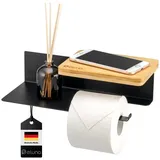 ELUNO Toilettenpapierhalter VARAZ mit 2 Ablagen, Selbstklebender Toilettenpapierrollenhalter, WC-Rollenhalter mit Klebeband zum Kleben oder zum Bohren, aus schwarzem Metall und Bambus