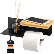 ELUNO Toilettenpapierhalter VARAZ mit 2 Ablagen, Selbstklebender Toilettenpapierrollenhalter, WC-Rollenhalter mit Klebeband zum Kleben oder zum Bohren, aus schwarzem Metall und Bambus