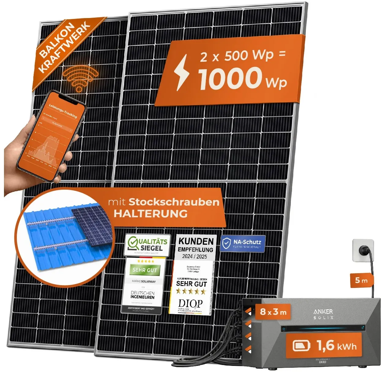 Solarway All In One 1000W Balkonkraftwerk komplett Solarpaket mit 1,6 kWh Anker Solix 2 PRO Speicher, Plug&Play