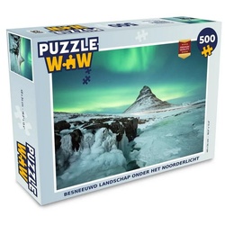 MuchoWow Puzzle Verschneite Landschaft unter dem Nordlicht, 500 Puzzleteile, Foto-Puzzle, Bilderrätsel, Puzzlespiele, Spielzeug bunt