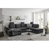 ed exciting design Wohnlandschaft Alija U-Form frei im Raum stellbar, Schlaffunktion, Kopfstützen, Armteilverstellung, Schwarz - Ausziehbares Sofa mit Bettkasten & Verstellbarer Armlehne - 334 x 84 (107) x 217 cm (B/H/T)