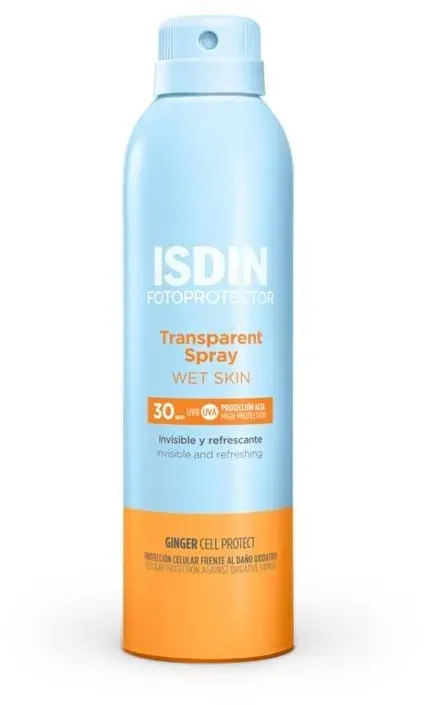 Isdin Transparent Sonnenspray WET Skin Lsf30 wasserfester Sonnenschutz mit leichter Textur