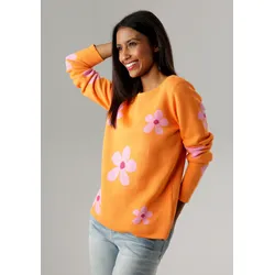 Rundhalspullover ANISTON SELECTED, Damen, Gr. 38, bunt (orange, rosa, fuchsia glänzend), Feinstrick, Obermaterial: 90% Baumwolle, 10% metallisierte Fasern, geblümt, leicht glänzend, elegant, figurumspielend hüftlang, Rundhals, Langarm Strickbündchen, Pullover, mit goldfarbenen Details im Blumenmuster, Topseller
