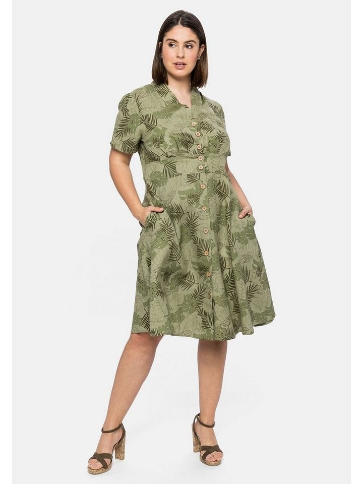 Sheego Blusenkleid Große Größen mit Blätterprint und Knopfleiste grün 56