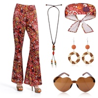 60er 70er Jahre Hippie Kostüm Damen Set, 70er Bootcut Hippie Hose Vintage Hippie Kostüm Kleidung Bohemian Hippie Kostüm Zubehör Set Ohrringe Perlenkette Herz Sonnenbrille für Damen(M)