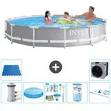 Intex Round Prism Frame Swimming Pool – 366 x 76 cm – Grau – inklusive Pumpe Sonnensegel - Wartungspaket - Filter - Reinigungskit - Bodenflie...