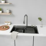 Faizee Home Wasserfall-Küchenspüle 75x45 cm – 1 Becken Neom Edelstahlspüle Schwarz mit Sprudelwasserhahn, 4-fach Armatur, Überlauf, Siphon, Ablaufgarnitur – modernes Spülbecken mit Zubehör