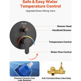 Vevor Duscharmatur Regenduschsystem fürs Badezimmer Duschsystem mit 305 mm runden Regenduschkopf & Handbrause, wandmontierte Badezimmerarmaturen m...