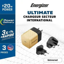 Energizer ENERGIZER, GaN 4A USB-C 20W Netzladegerät mit EU/UK/US Steckdosen, Schwarz / Gold - Bunt