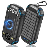 Wireless Solar Powerbank 26800mAh Eingebaut in 3 Kabel & Camping Lichter, USB-C 15W PD 3A Schnellladung Externer Akku 4 Ausgänge & 3 Eingänge, Outdoor Wasserdichtes Solarpanel für Smartphone