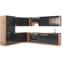 Vicco Eckküche, Schwarz Hochglanz, Honigeiche, Holzwerkstoff, L-Form,Formgebogen, 347x81.6x60 cm, Küchen, Eckküchen, Eckküchen ohne Geräte