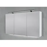 Intarbad Badezimmerspiegelschrank 3-türiger Spiegelschrank mit MULTI LED Aufsatzleuchte, dimmbar (Doppelspiegeltüren, Holz-/ Lackdekore, Maße von 120 bis 140 cm wählbar, Höhe 70 cm, Glasfachböden, Magnetleiste & Kosmetikspiegel Ø 12 cm) Vormontierte Lieferung, Floatglas, 160 kg Traglast, Made in Germany beige 130 cm x 70 cm x 13,5 cm