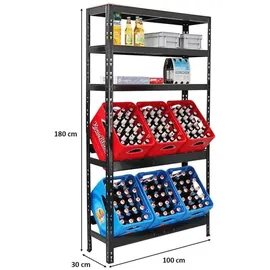 Proregal Getränkekistenregal Bodensee 6 Kisten mit 3 Ablagen Schwarz HxBxT 180 x 100 x 30 cm Freistehend Kistenständer Getränkeregal