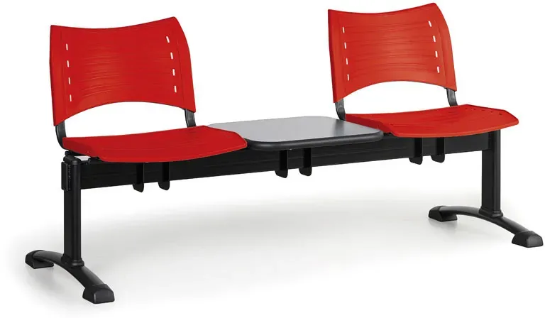 Kunststoff-Wartezimmerbank, Traversenbank VISIO, 2-sitzer + Tisch, rot, schwarze Füße