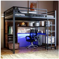 Flieks Hochbett Metallbett Kinderbett 140x200cm mit LED, Schreibtisch und Stauraum schwarz