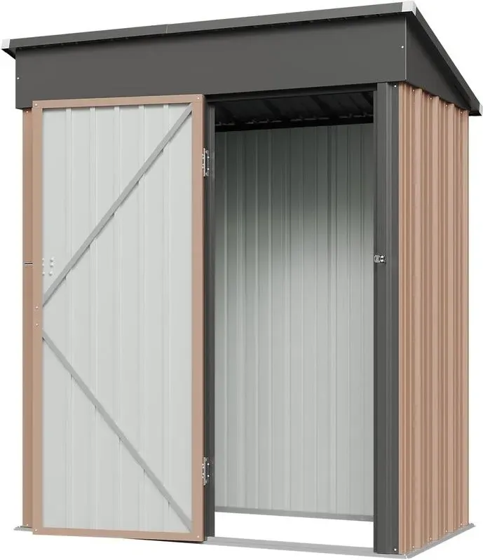 Aoxun 5x3 ft Metall-Gartenschuppen, verzinkt, wasserdicht, stark verstärkter Dachboden, Schuppen und Außenlager mit abschließbaren Türen und Dachneigung für Terrasse, Garten, braun