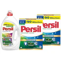 PERSIL-Set Kraft-Gel 1x 100 Waschladungen Color & Pulver 2x 90 Waschladungen (180WL) Universal, Color- & Vollwaschmittel-Set für reine Wäsche und hygienische Frische für die Maschine