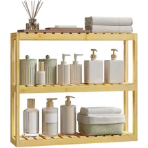 Woltu Bambus Regal, Hängeregal, Badregal, Wohnzimmerregal, Badezimmerregal stehend, Bücherregal, Schuhregal, verstellbare Ablage, mit 3 Ebenen, 60x54x15 cm, Naturfarbe