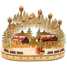 Dekohelden24 LED Holz Schwibbogen, Lichterbogen, Schwippbogen, Leuchterbogen, Fenster Schwibbogen mit bewegtem Tannenbaum 45 x 12 x 35 cm