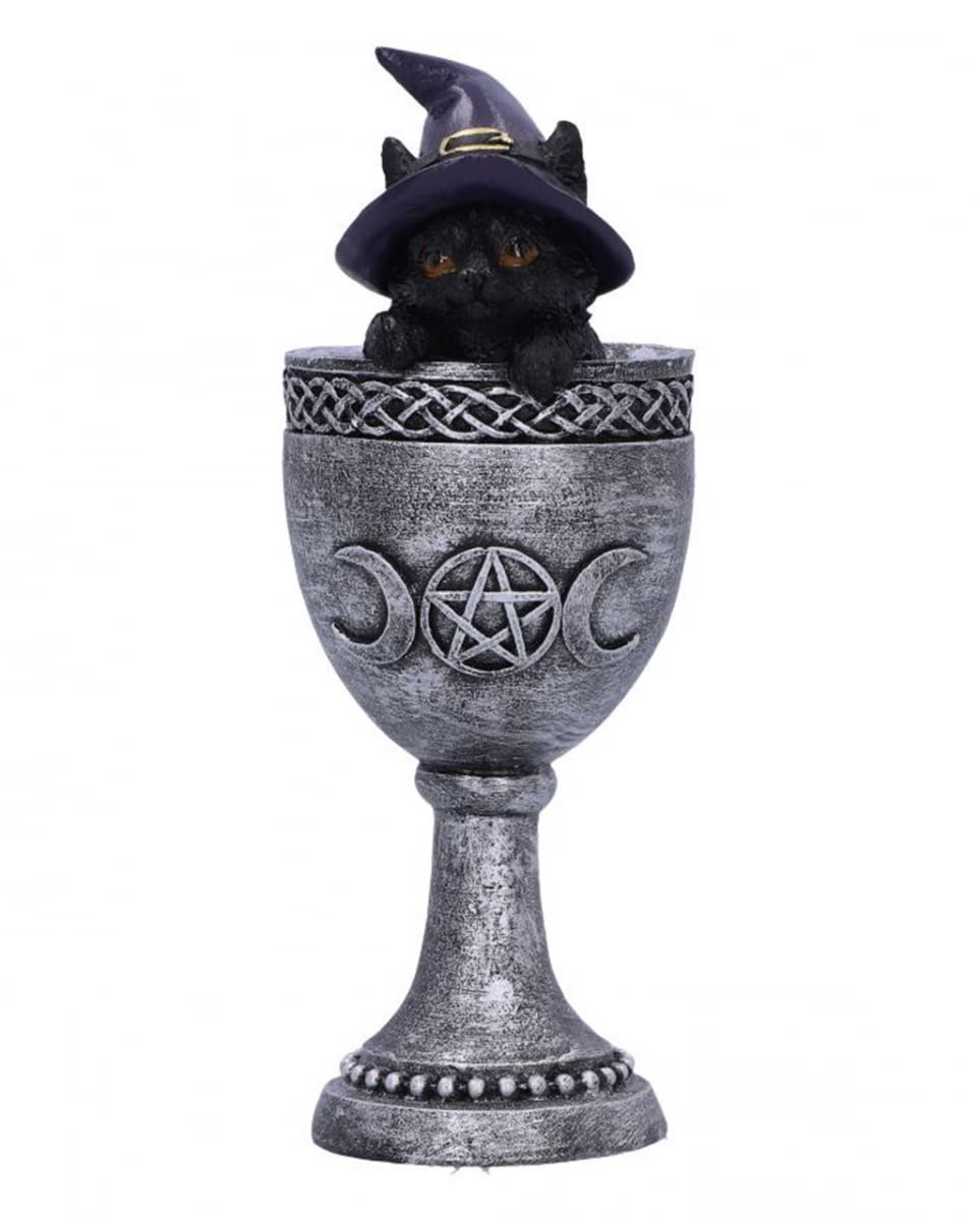 Horror-Shop Hexenkätzen mit Okkultem Silber Kelch als Dekofigur 15,7 cm