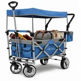 IMLEX Bollerwagen faltbar XXL mit Dach – Handwagen für 2 Kinder bis 80 kg – Schiebegriff & Zugstange – Geländereifen – kompakt klappbar für Strand, Camping, Garten, Zoo & Freizeit IM-426 Blau