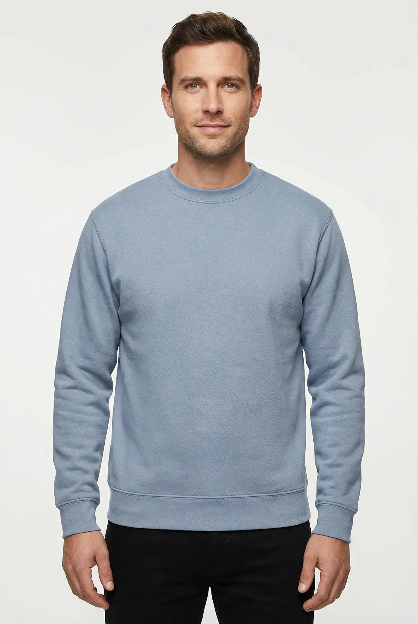 Sweatshirt FRUIT OF THE LOOM, Herren, Gr. M (48/50), blau (mineral blau), angeraute Sweatware, Obermaterial: 80% Baumwolle, 20% Polyester, unifarben, schmal hüftlang, Rundhals, Rippbündchen, Sweatshirts Sweatshirt, im unifarbenen Design