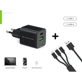 Conceptronic 2-Port 33W GaN USB-PD-Ladegerät mit 3-in-1-Ladekabel, USB-C x 1, USB-A x 1, QC 3.0, PPS