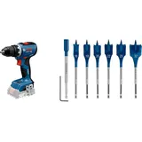 Bosch Professional 18V System Akku-Bohrschrauber GSR 18V-65 (bürstenloser Motor, Kopflänge 166) + Bosch 7x EXPERT Self Cut Speed Flachfräsbohrer-Sets (für Weichholz, Spanplatte, Ø 16-32 mm)