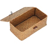 Aufbewahrungskorb aus Geflochtenem Rattan,Aufbewahrungskorb mit Deckel,Rechteckige Weidenkorb Aufbewahrungsbox,Regalkörbe Dekorative,Natürliche Seegras Make-up-Organizer für Badezimmer Küche Home(L)