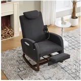 OKWISH Schaukelsessel Relaxstuhl Polsterstuhl (mit Cordbezug & Fußstütze, hoher Rücken mit Kopfstütze, Handyhalter & Tasche) grau