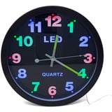 Starlet24 Wanduhr 29,5cm Ø beleuchtet mit bunter LED-Zifferbeleuchtung und Quarz-Uhrwerk (laufruhig, analog, leise, kein Ticken) Schwarz