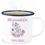 Emaille Becher Blechbecher - Pferd Pferde - Reiten Mädchen Namen - Pferdemädchen - 300 ml - Weiß Blau - geschenke für reiterinnen tasse name reit sachen weihnachtsgeschenke pferdesport