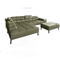 KAWOLA Sofa NELSON Ecksofa Leder olivgrün mit motorischem Sitzvorzug und Hocker Recamiere links