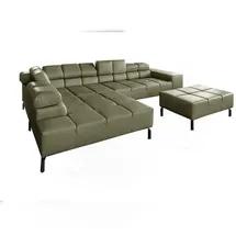 KAWOLA Sofa NELSON Ecksofa Leder olivgrün mit motorischem Sitzvorzug und Hocker Recamiere links