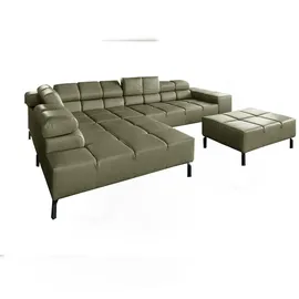 KAWOLA Sofa NELSON Ecksofa Leder olivgrün mit motorischem Sitzvorzug und Hocker Recamiere links