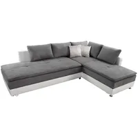 luma-home Ecksofa 15103, Dauerschläfer-Doppelbett B306/T223/H95 cm, Bettkasten, Regal, Boxspring, Federkern, Wellenunterfederung, Topper, Schwenkteil links, Mikrofaser Hellgrau/Kunstleder Weiß grau