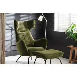 KAWOLA Ohrensessel LOTTE Velvet 79 x 117 x 80 cm Olivgrün mit Hocker
