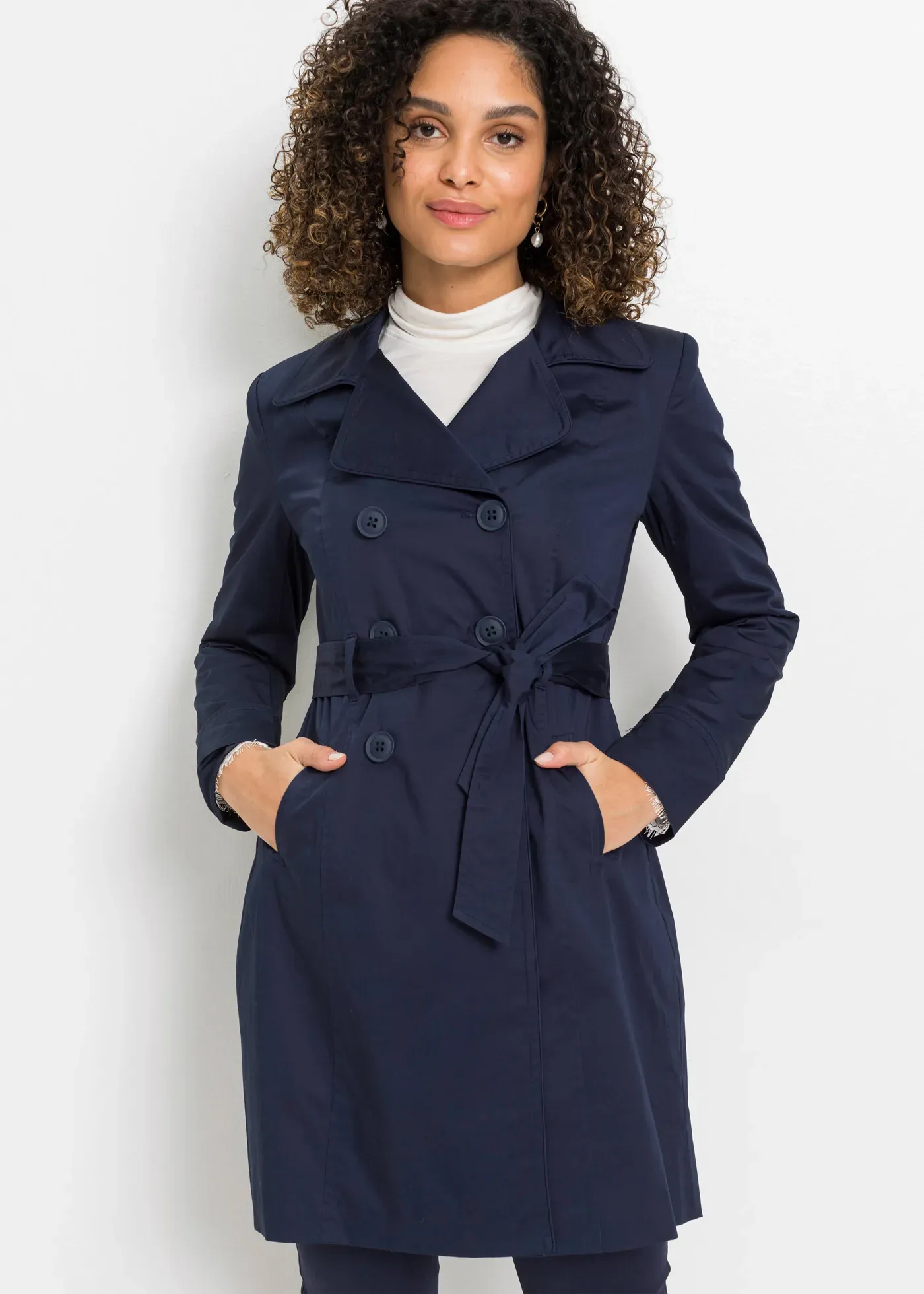Trenchcoat BONPRIX, Damen, Gr. 38, dunkelblau, Web, Obermaterial: 97% Baumwolle, 3% Elasthan. Futter: 100% Polyester, unifarben, A-Linie ca. Mitte Oberschenkel, angesetztes Bündchen, Mäntel, mit abnehmbarem Bindegürtel, 2-Reiher