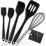 AVANA Silikon Küchenhelfer Set, 5 Stück Küchenutensilien Hitzebeständig Kochen Antihaft Kochgeschirr Schneebesen, Spachtel, Backpinsel, Pfannenwender (Schwarz)
