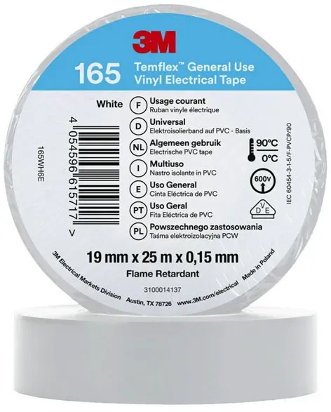 3M Temflex 165 Vinyl Elektro-Isolierband, 19mm breit, 25m lang, weiß