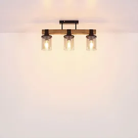 ETC Shop Deckenlampe Deckenleuchte Holzlampe Esszimmerleuchte Wohnzimmer, 3 flammig, Landhaus Holzoptik braun Rauchglas schwarz, 3x E27 Fassungen, LxBxH 52x10x28,6cm