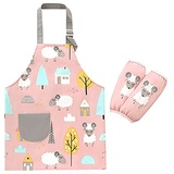 JZK Einstellbare wasserdichte Kinderschürze und Ärmelset, rosa Kinderküchenschürze mit Tasche für Mädchen zum Kochen, Backen, Malen, Gartenschürze