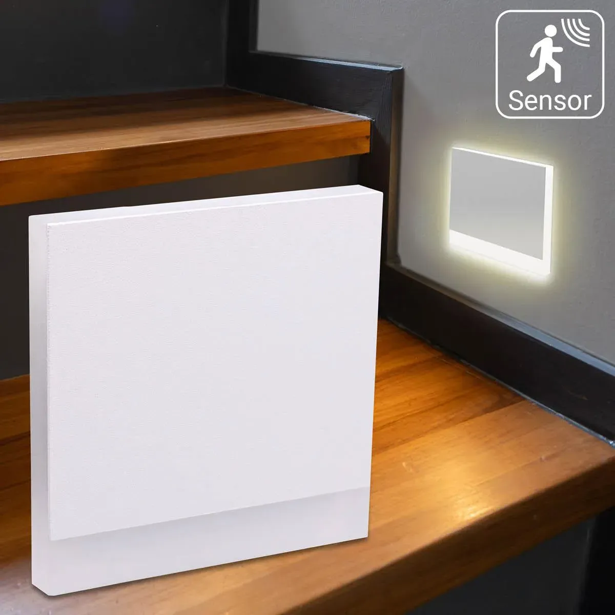 LED Treppenleuchte IP44 mit Bewegungsmelder eckig weiß - Lichtfarbe: CCT - Licht...