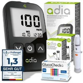 diabetikerbedarf adia Blutzuckermessgerät (mg/dl) Set + 110 Blutzuckerteststreifen Lanzetten 1 St